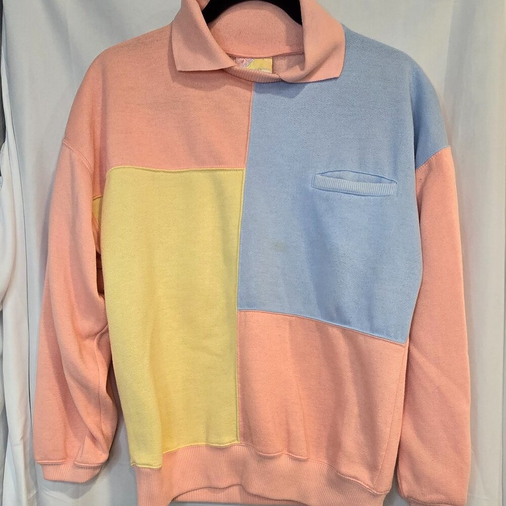 Active Wear Vintage Sweater, Color Block, Size Med, Pink Yellow Blue